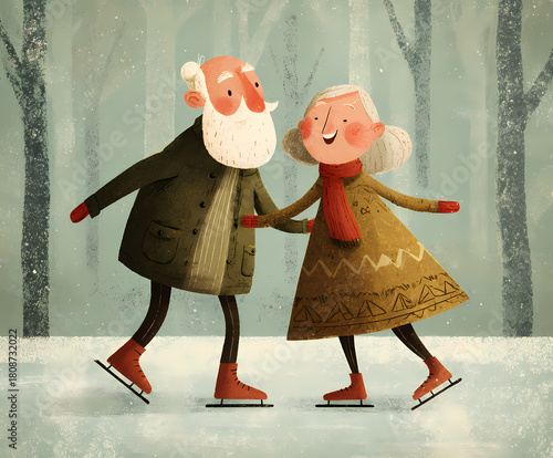 Grandfather and grandmother skating on ice AI generated