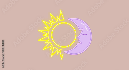Stylized Sun and Moon Illustration with Sleepy Crescent Face.