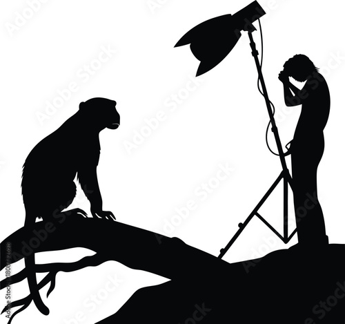 Captivating silhouette of a photographer shooting a monkey on a branch, creative studio shot, animal photography concept, dynamic and professional design