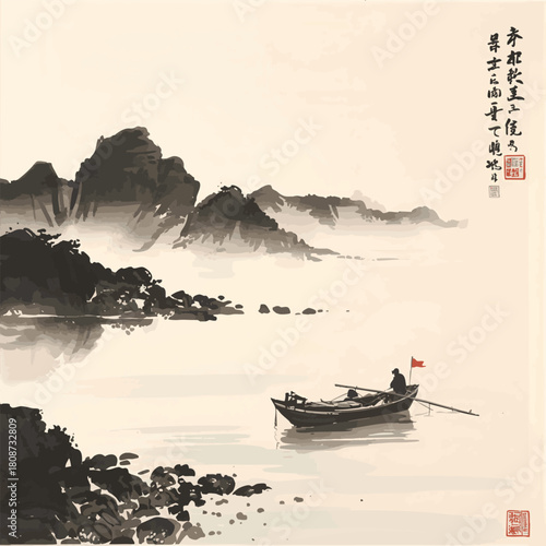 Minimalist ink wash painting landscape with fishing boats and sea coast. Traditional Japanese ink wash painting sumi-e.