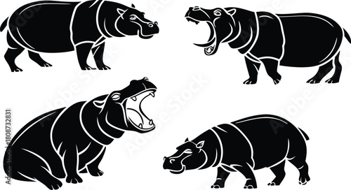 Majestic hippopotamus silhouettes offering dynamic poses and powerful presence, perfect for wildlife projects, branding, or conservation campaigns