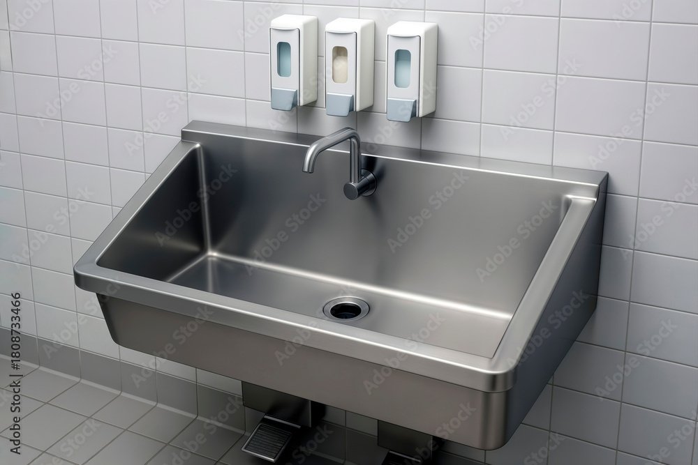 Fototapeta premium Stainless steel industrial sink with soap dispensers mounted on a white tiled wall.