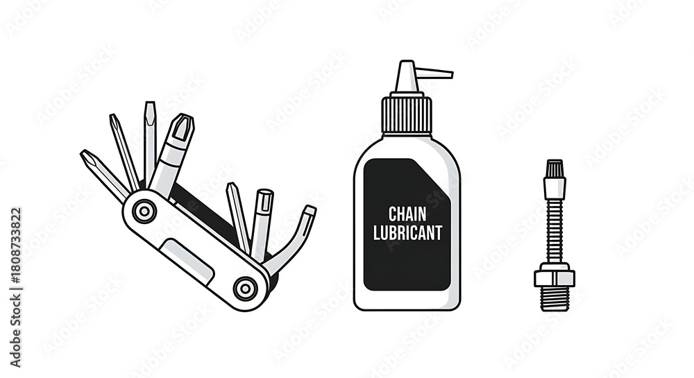 Fototapeta premium A minimalist vector icon set of essential bicycle maintenance tools, including a multi-tool, chain lubricant, and valve adapter for bike repair