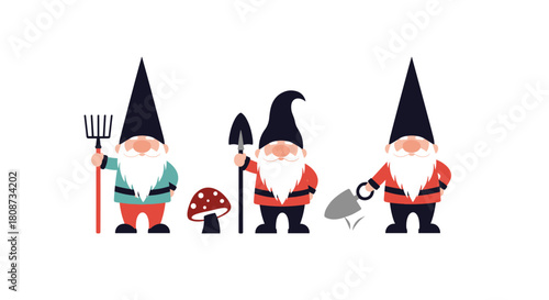 Three garden gnomes with hats, beards, and tools stand in a row with a mushroom.
