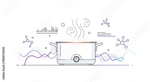 Stylized illustration of a cooking pot emitting steam with abstract science and data elements.