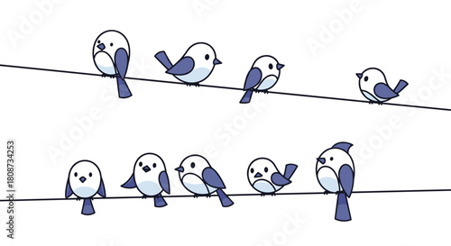 A group of cute cartoon birds perched on two power lines against a white background.