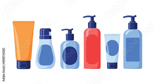 Collection of cosmetic bottles and tubes with pumps and caps on a white background.