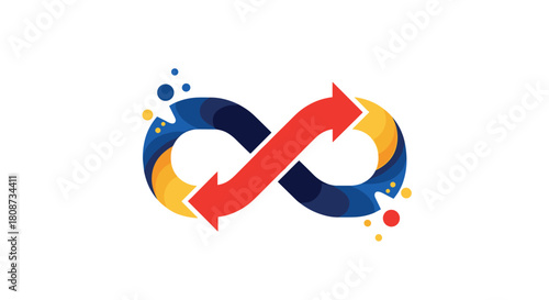 Infinity loop symbol with red arrows and abstract colorful elements, representing continuous process.
