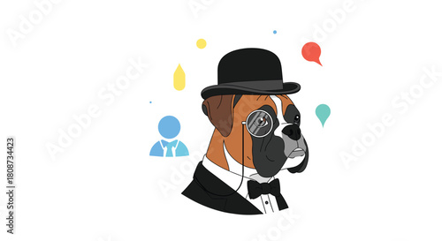 A distinguished boxer dog wears a top hat, monocle, and tuxedo, symbolizing intelligence and sophistication.