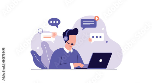 Customer service agent with headset working on laptop and receiving messages.