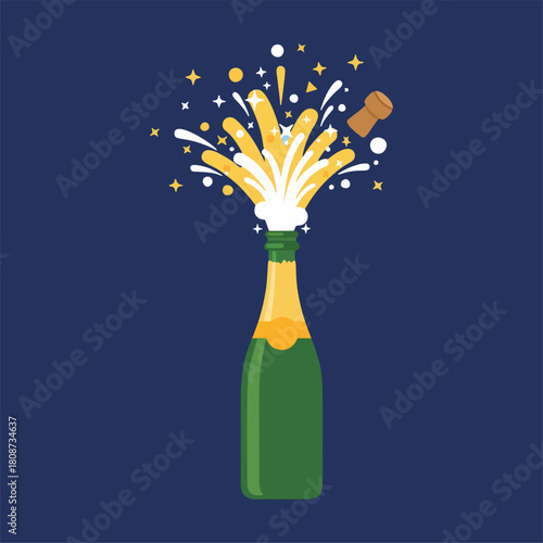 Vivid illustration capturing the joyful explosion of a sparkling wine bottle, cork flying high, and golden liquid gushing out in a festive display, ideal for celebration graphics
