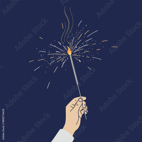 A dazzling sparkler held by a hand, emitting bright golden and white sparks against a dark night, symbolizing joy and celebration for festive moments and special occasions