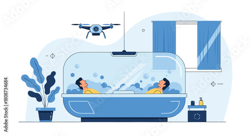 Two people relax in a futuristic enclosed bathtub while a drone hovers above them.
