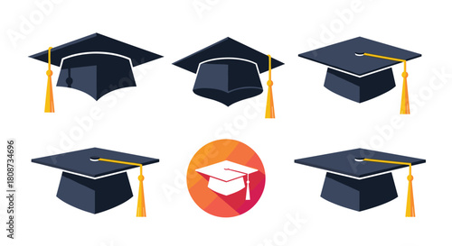 Collection of graduation caps in various perspectives and styles, symbolizing education and achievement.