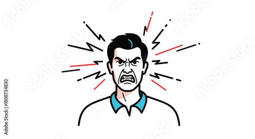 Man with an angry expression and lines radiating from his head, representing anger or stress.