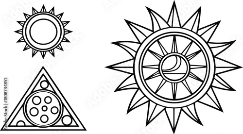 Mystical sun and moon symbols design elements for astrology, magic, and celestial themes, embodying spirituality and esoteric concepts from vector graphics