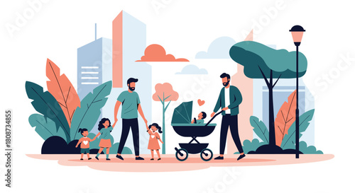 Two fathers with their children walking in a city park on a sunny day.