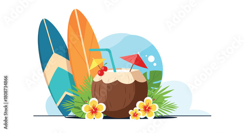 Tropical beach scene with surfboards, a coconut drink, and hibiscus flowers.