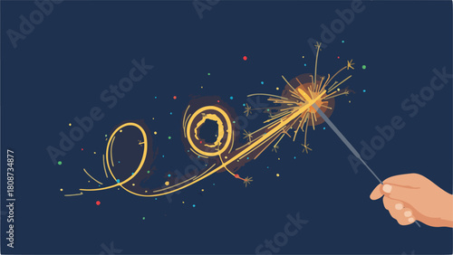 Hand holds a vibrant sparkler, painting luminous trails and effervescent sparks on a dark canvas, symbolizing celebration, magical energy, and bright moments