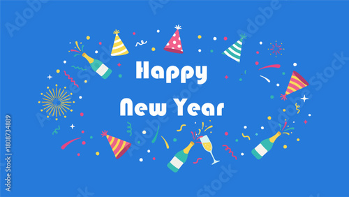 Vibrant and Joyful New Year Celebration Illustration with Festive Party Elements, Exploding Champagne Bottles, and Colorful Confetti