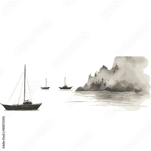 Minimalist ink wash painting landscape with fishing boats and sea coast. Traditional Japanese ink wash painting sumi-e.