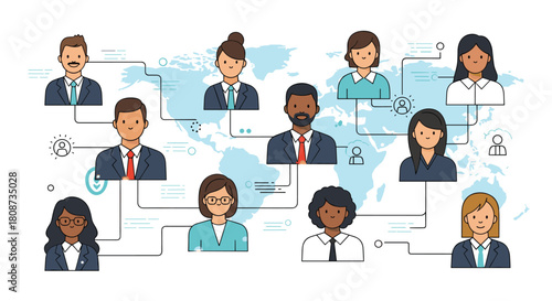 Diverse international team connected across a world map network.