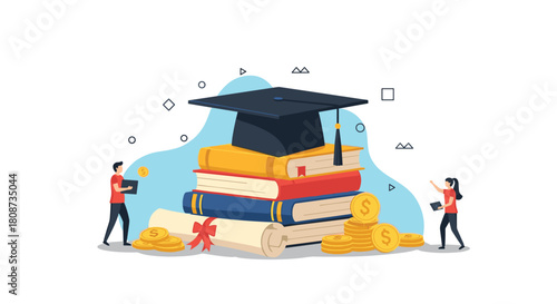 Graduation cap atop books with diploma and coins, symbolizing education and financial success.
