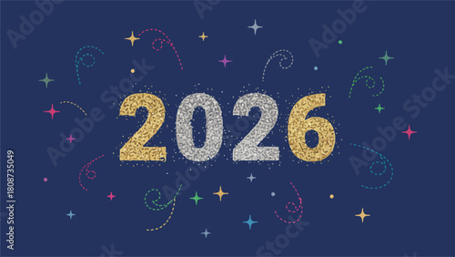 Vibrant Glittery 2026 Text with Festive Confetti and Sparkling Elements on a Dark Blue Background, Symbolizing New Beginnings and Future Celebrations