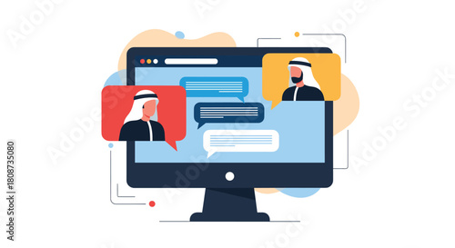 Digital communication between two Arab men shown on a computer screen with chat bubbles.