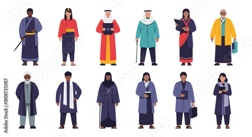 Diverse people in traditional and professional attire, representing various cultures and professions.
