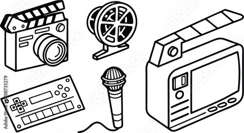 Dynamic filmmaking equipment icons for creative video projects, perfect for modern media campaigns and entertainment industry promotions. Vector art