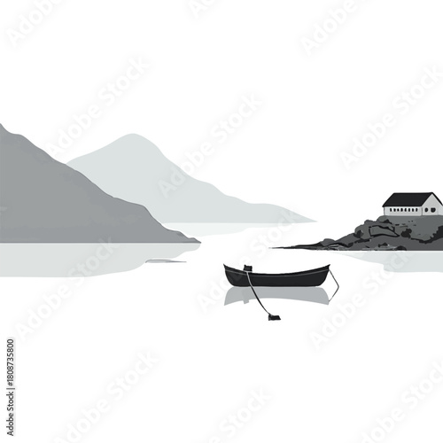 Minimalist ink wash painting landscape with fishing boats and sea coast. Traditional Japanese ink wash painting sumi-e.