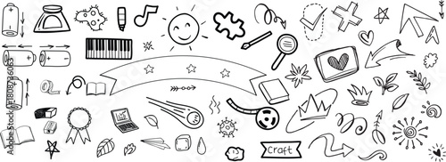 Abstract arrows ribbons crowns hearts explosions and other elements in hand drawn style for concept design doodle illustration vector template for decoration