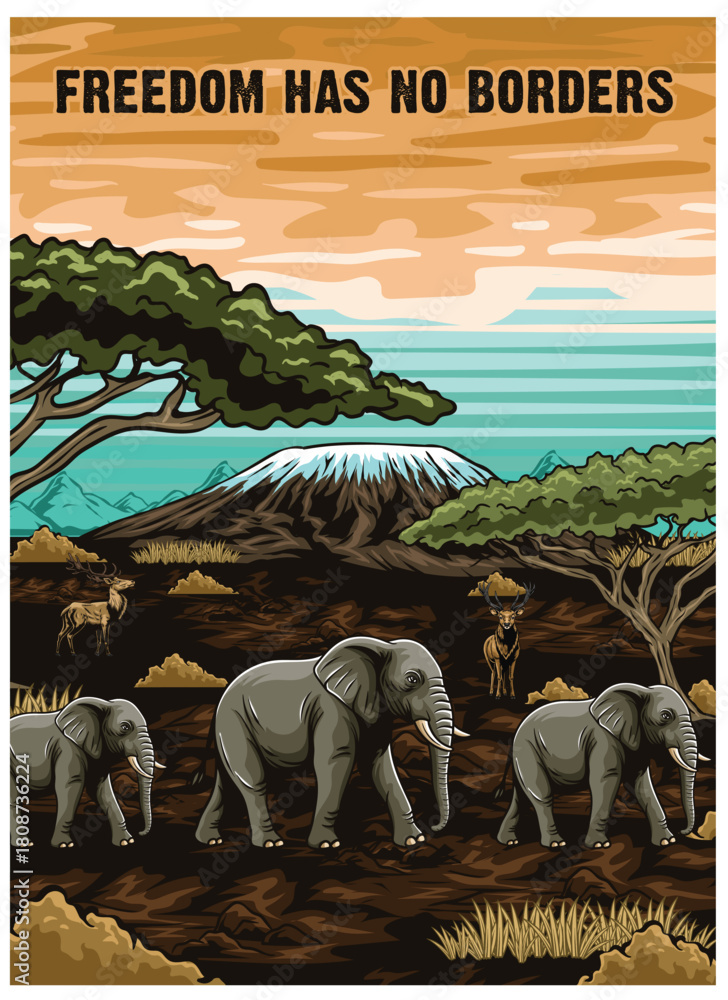 Obraz premium Poster design with illustrations of wild animals that capture the wild nature of Africa and the freedom of adventure