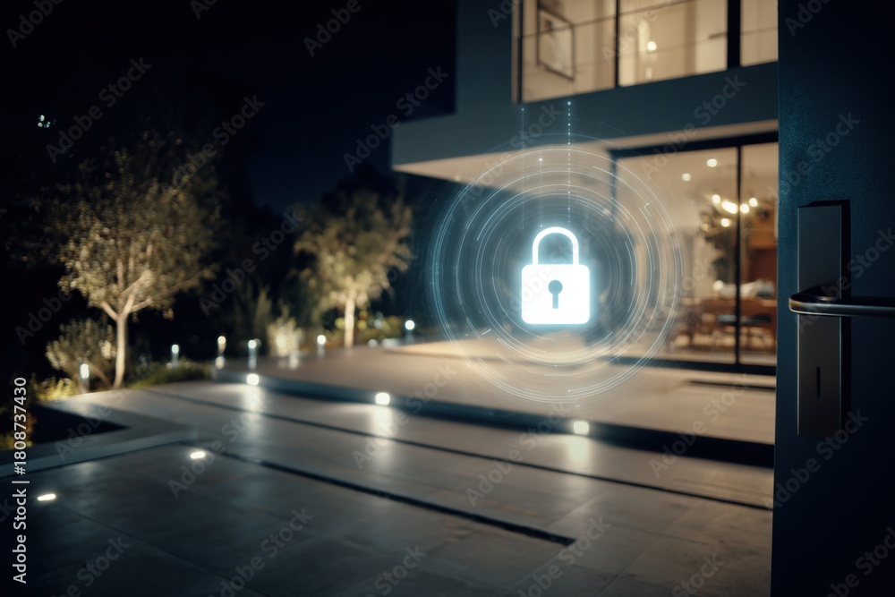 Fototapeta premium Modern smart home at night enhances security with high-tech protection measures and illuminated surroundings for a safe living environment
