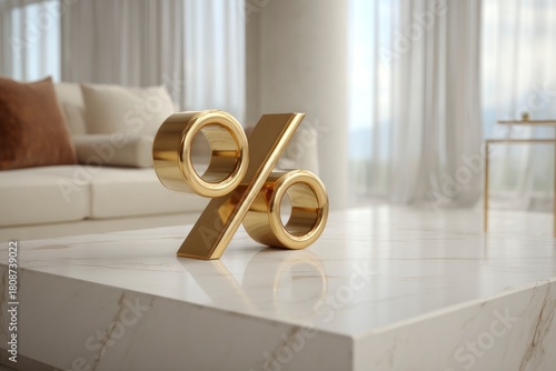 Golden percent symbol placed on a marble table in a stylish living room interior with soft natural light. financial growth, investment, and premium lifestyle.