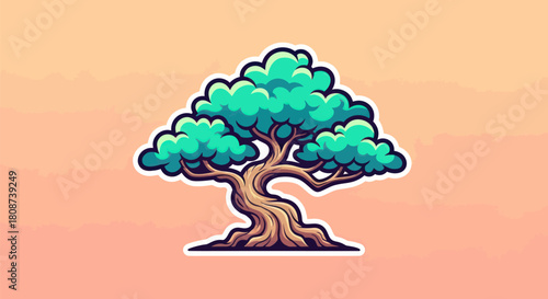 Vibrant Cartoon Bonsai Tree Sticker Illustration with Green Foliage and Twisted Trunk.