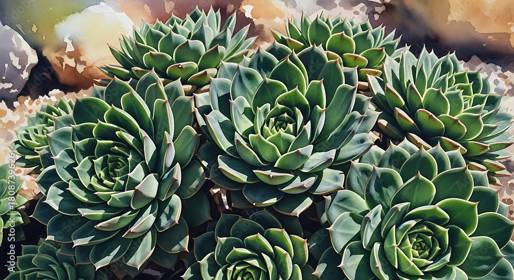 Obraz premium Echeveria Succulent Cluster in Sharp Focus with Watercolour Background