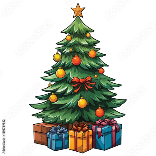 Festive Christmas Tree Illustration with Presents and Ornaments for Holiday Season Decoration