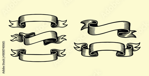 Set vintage ribbon banners with classic engraving style detailing.