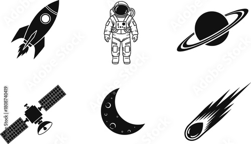 Silhouette vector set of space icons including rocket, astronaut, planet, satellite, moon, and comet for cosmic-themed design projects