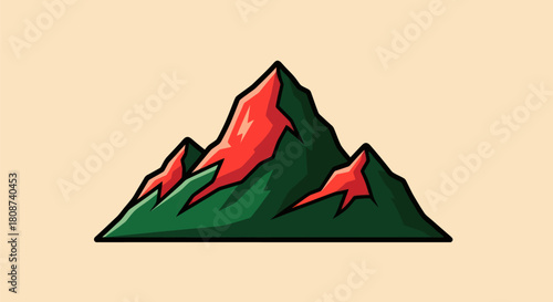 Vibrant Cartoon Mountain Peak Illustration with Red and Green Hues.
