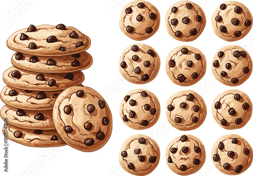Chocolate chip cookies illustration, tasty dessert snack, sweet bakery food graphic, cartoon cookie set, delicious biscuit drawing, baked treat collection