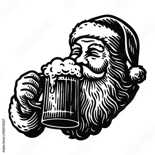 Jolly Santa Claus enjoys a refreshing foamy beer mug illustration.