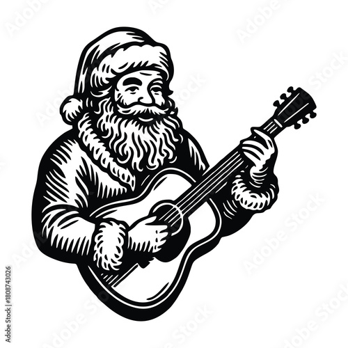 Santa Claus smiling cheerfully while playing an acoustic guitar illustration.