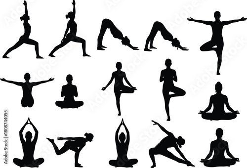 Silhouette yoga poses vector illustration of women performing meditation and stretching exercises for health, fitness, calm balance, wellness, and relaxation
