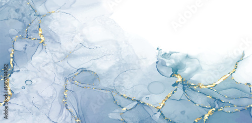 Pastel cyan mint liquid marble watercolor background with gold lines and brush stains. Teal turquoise marbled alcohol ink drawing effect. Vector illustration backdrop, watercolour wedding invitation.