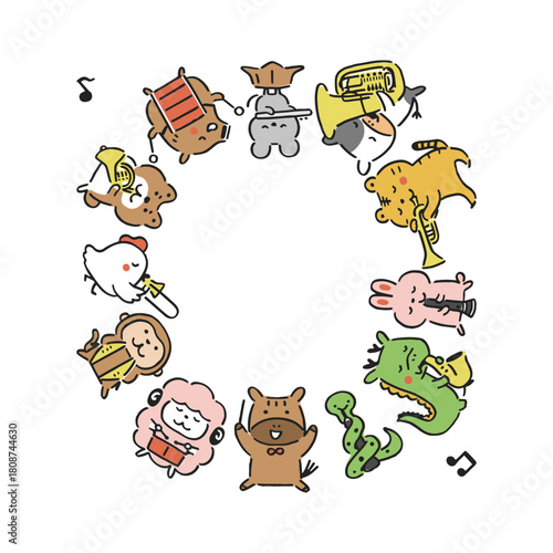 馬が指揮する十二支の動物たちの音楽隊　フレーム①