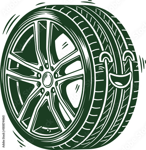 Stylized Happy Car Wheel and Tire Mascot Character Grinning, Perfect for Auto Repair Shop Logo, Tire Service Branding, Vehicle Maintenance, and Fun Automotive Industry Graphics.