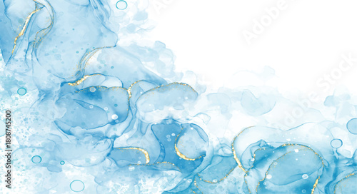 Pastel cyan mint liquid marble watercolor background with gold lines and brush stains. Teal turquoise marbled alcohol ink drawing effect. Vector illustration backdrop, watercolour wedding invitation.